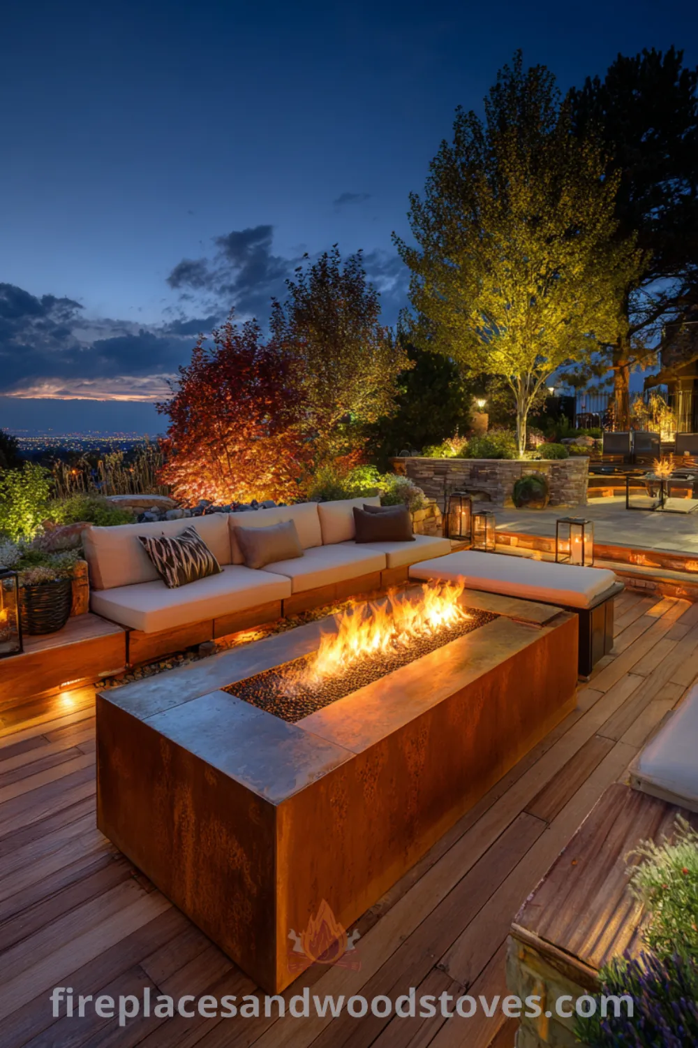 Outdoor space showcasing a modern luxury fire pit, bespoke corten steel design, and sophisticated seating in a curated backyard.