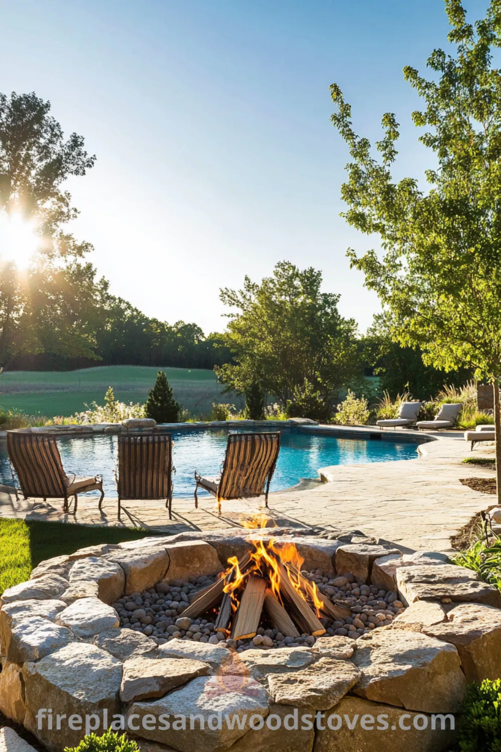 Backyard pool area featuring an inground pool, fire pit, and landscaping inspirations on fireplacesandwoodstoves.com, showcasing cozy ideas for outdoor entertainment and patio designs.