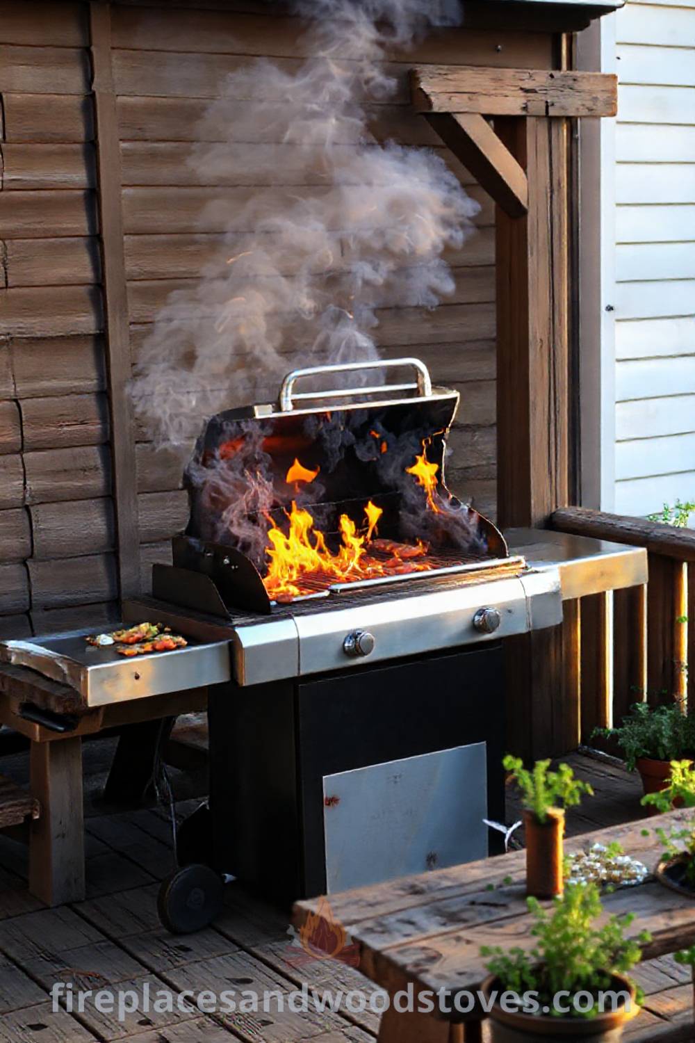 Outdoor BBQ grill set on a weathered wooden deck, with flames and fresh ingredients nearby, creating a cozy atmosphere and inspiring outdoor cooking ideas. Visit patioandhomefurniture.com for incredible ideas that will wow your guests.