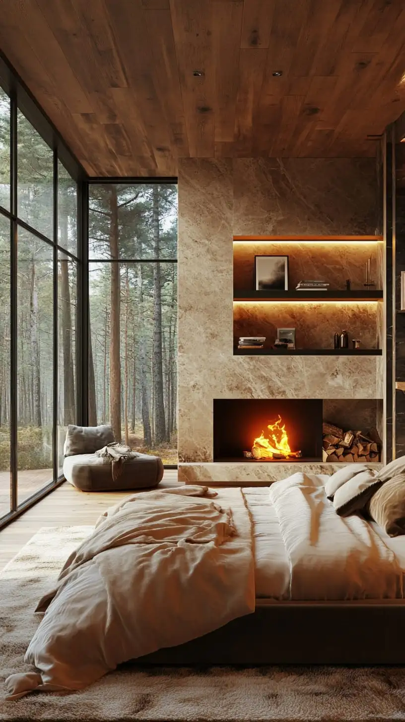 A cozy modern bedroom with a fireplace, beige tones, large windows overlooking a forest, and wooden walls, designed for a warm and inviting atmosphere.