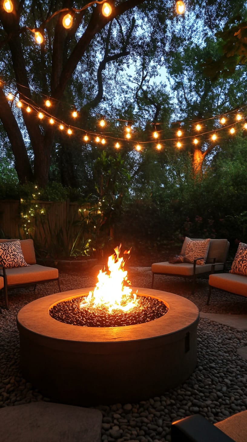A cozy outdoor seating area featuring a warm fire pit surrounded by comfortable chairs and illuminated by string lights in an elegant backyard garden at night.