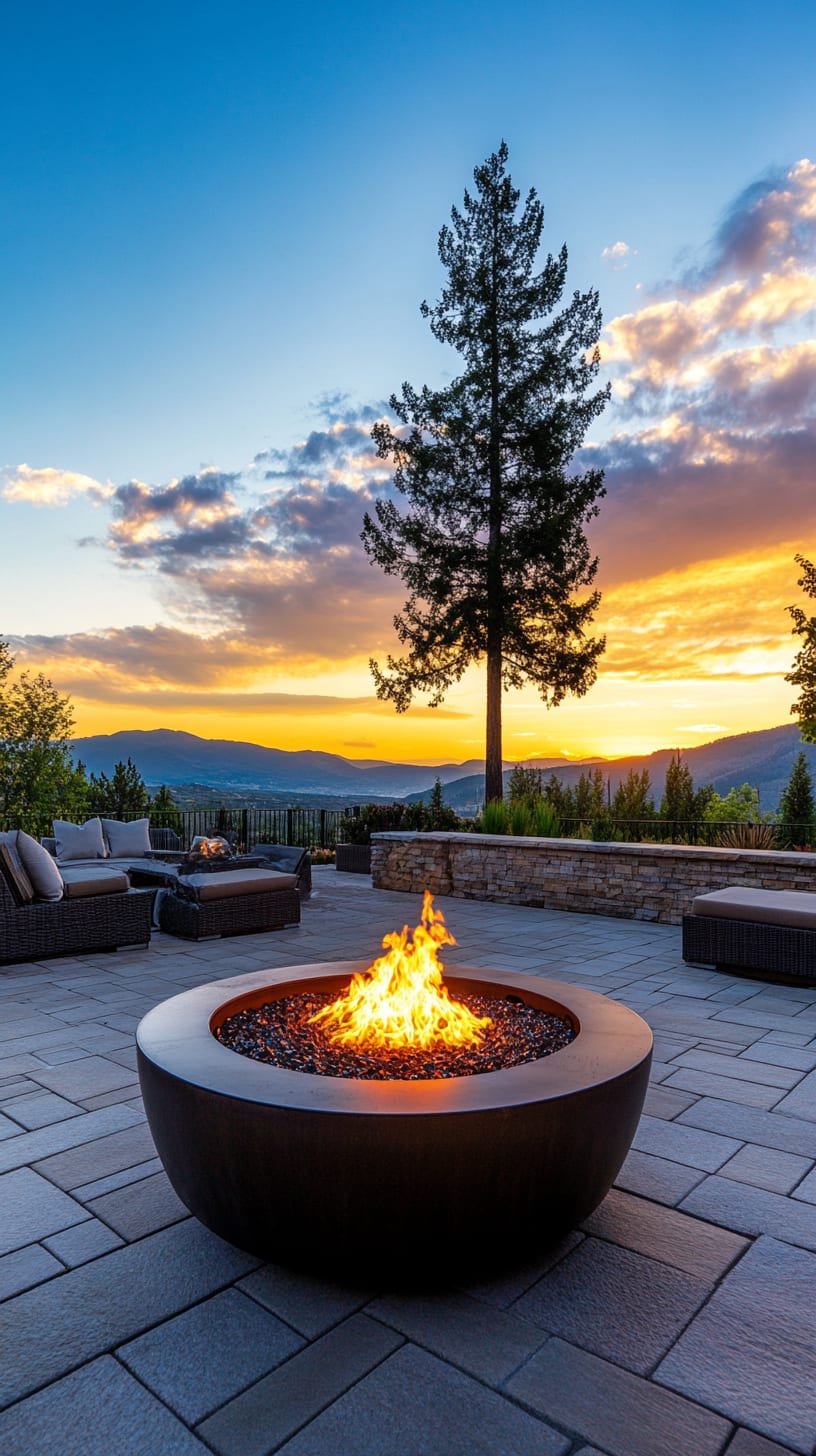 A modern fire pit on an outdoor patio surrounded by comfortable seating, with a view of mountains at sunset and a tree in the background.