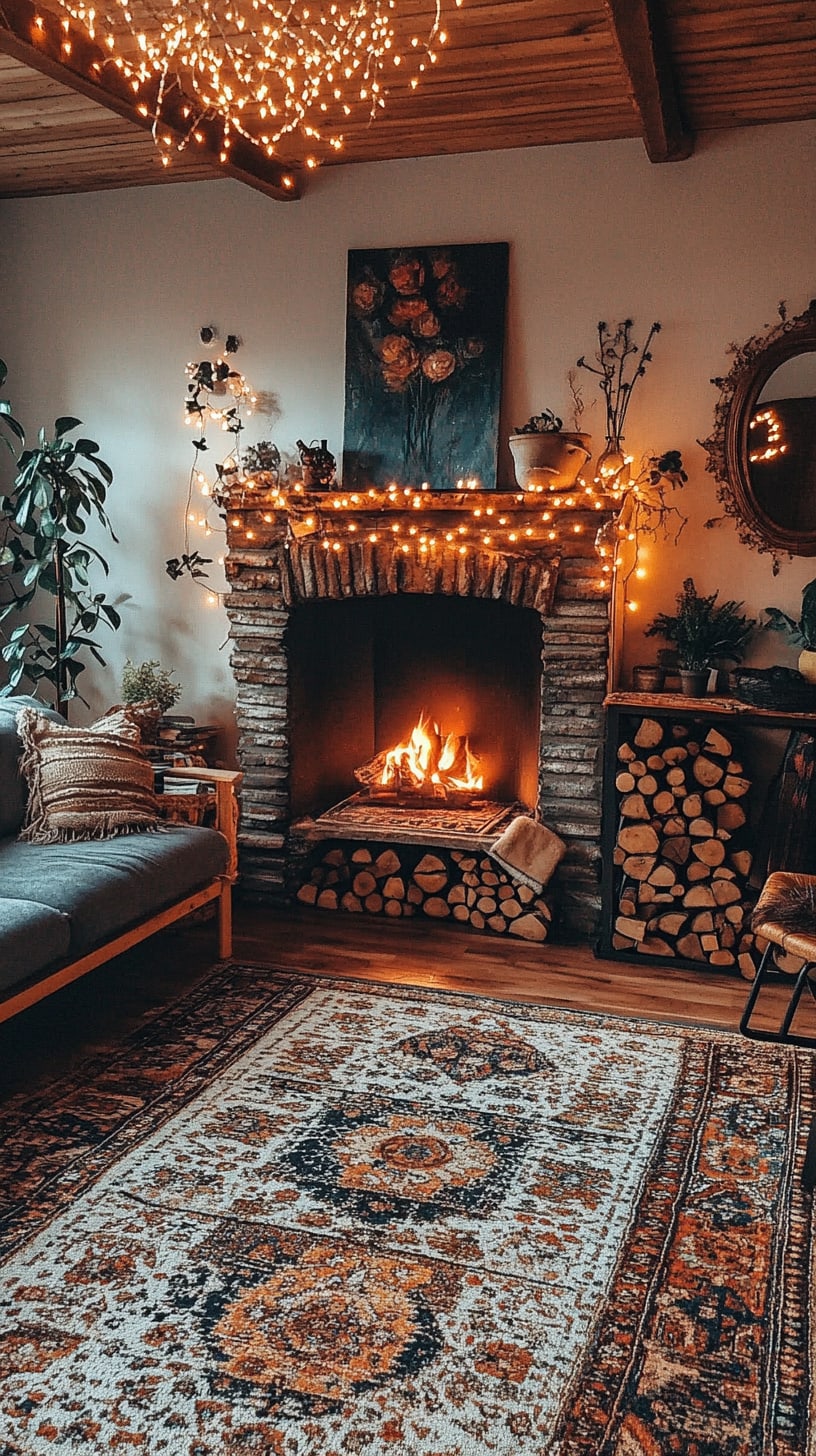 A cozy living room featuring a vintage rug, an inviting fireplace with twinkling lights, and warm, soft lighting that creates an inviting atmosphere.