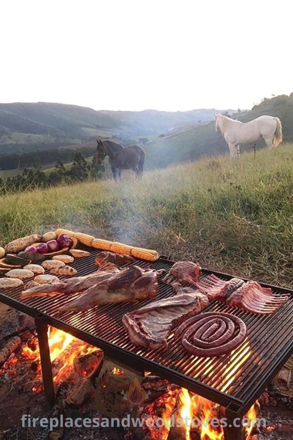 An outdoor grill with food on it, surrounded by horses in the background, ideal for cooking with fire during camping trips and mountain vacations. Perfect for stylish bushcraft camping and survival supplies. Discover more ideas at patioandhomefurniture.com.
