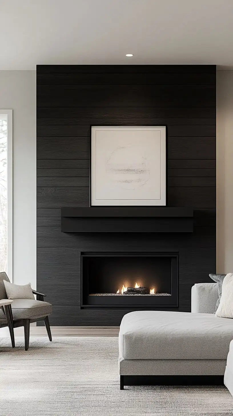 A sophisticated minimalist fireplace in a living room featuring black wood paneling, light gray accents, and a sleek design that emphasizes modern elegance.