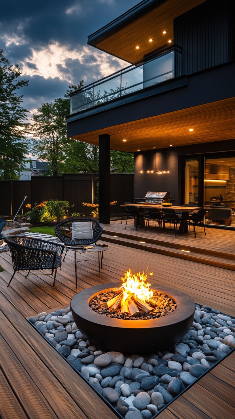 A modern backyard featuring a cozy fire pit surrounded by pebbles, black outdoor furniture, and a wooden deck, perfect for evening gatherings.