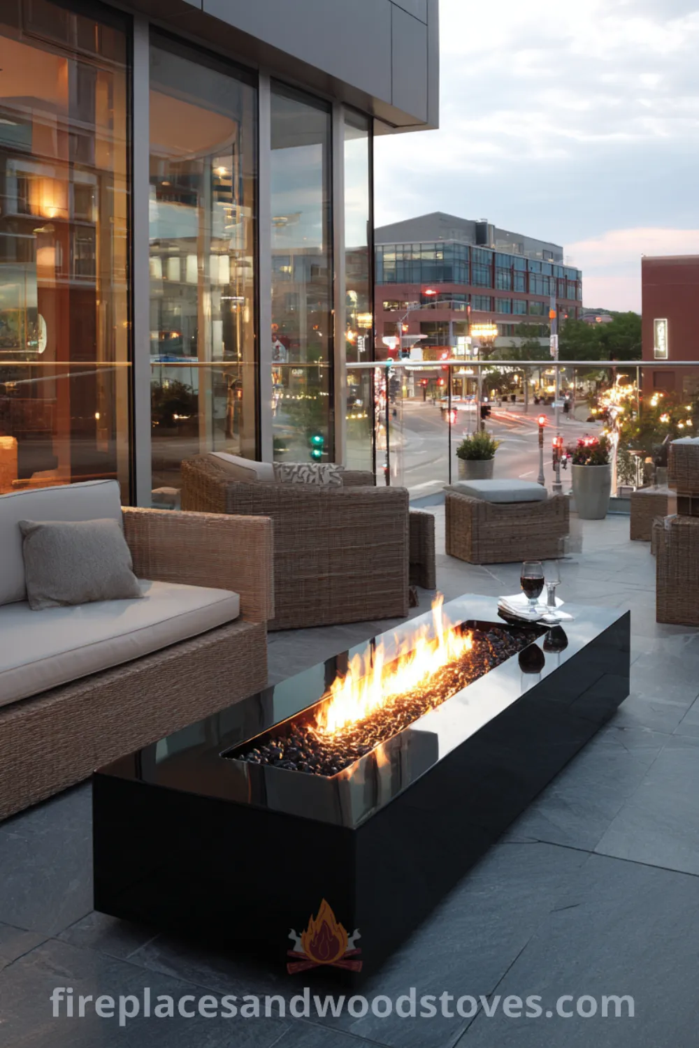 Urban balcony featuring a sleek rectangular fire pit, low modern outdoor furniture, and a serene fire pit area with warm ambiance.