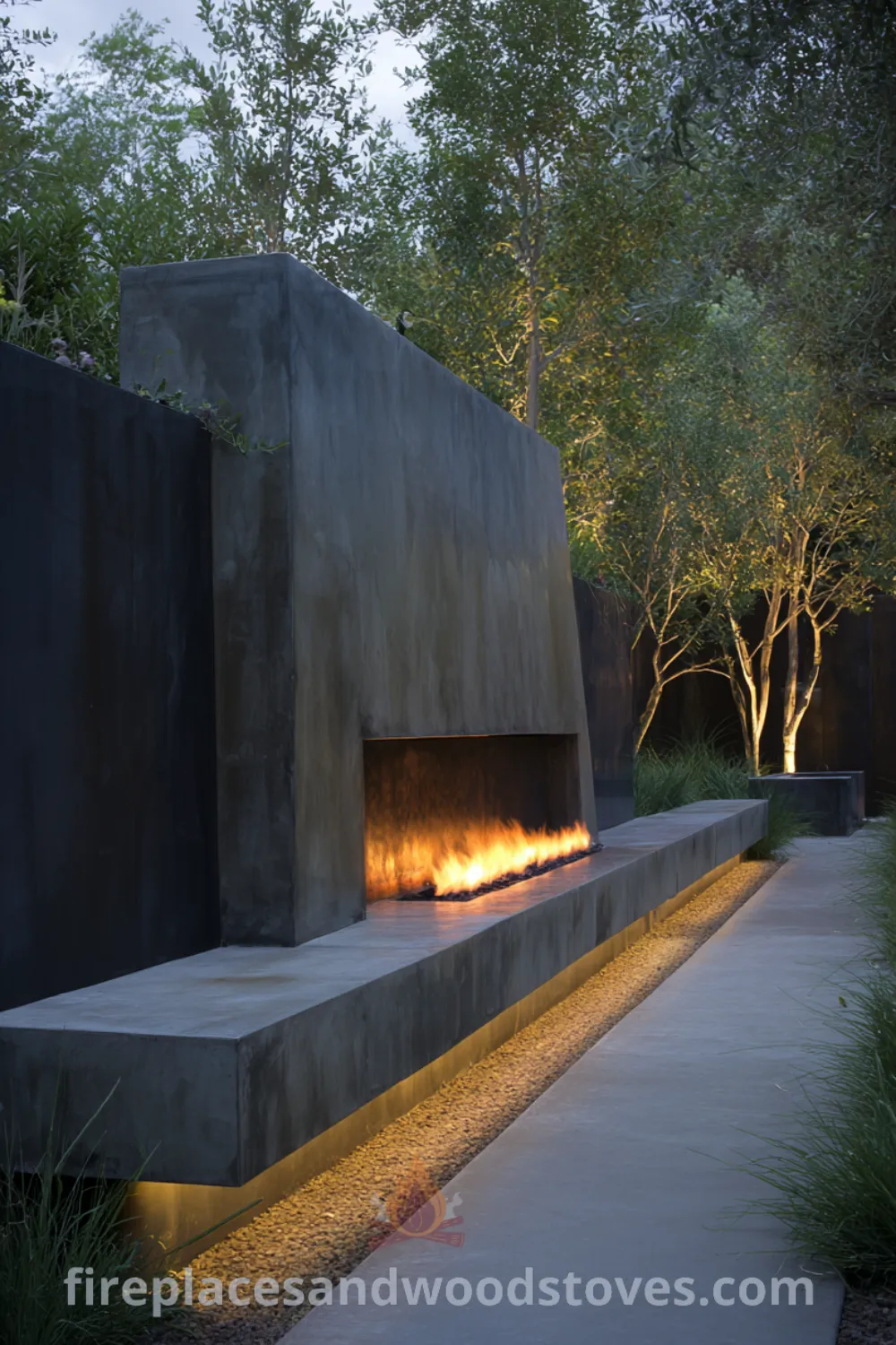 Modern minimalist outdoor fireplace integrated into dark concrete wall with lush greenery, ideal for serene outdoor space.