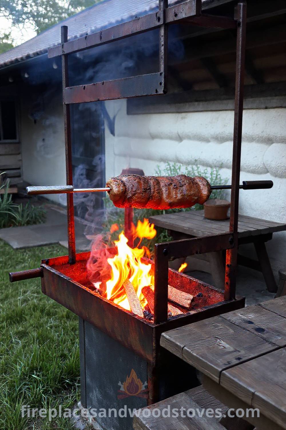 Traditional spit BBQ in a cozy backyard showcasing a rusted metal frame with rotating seasoned meat, surrounded by a weathered wooden table and gently swaying grass, creating an inviting outdoor atmosphere. Visit patioandhomefurniture.com for incredible backyard design ideas that will wow your guests.