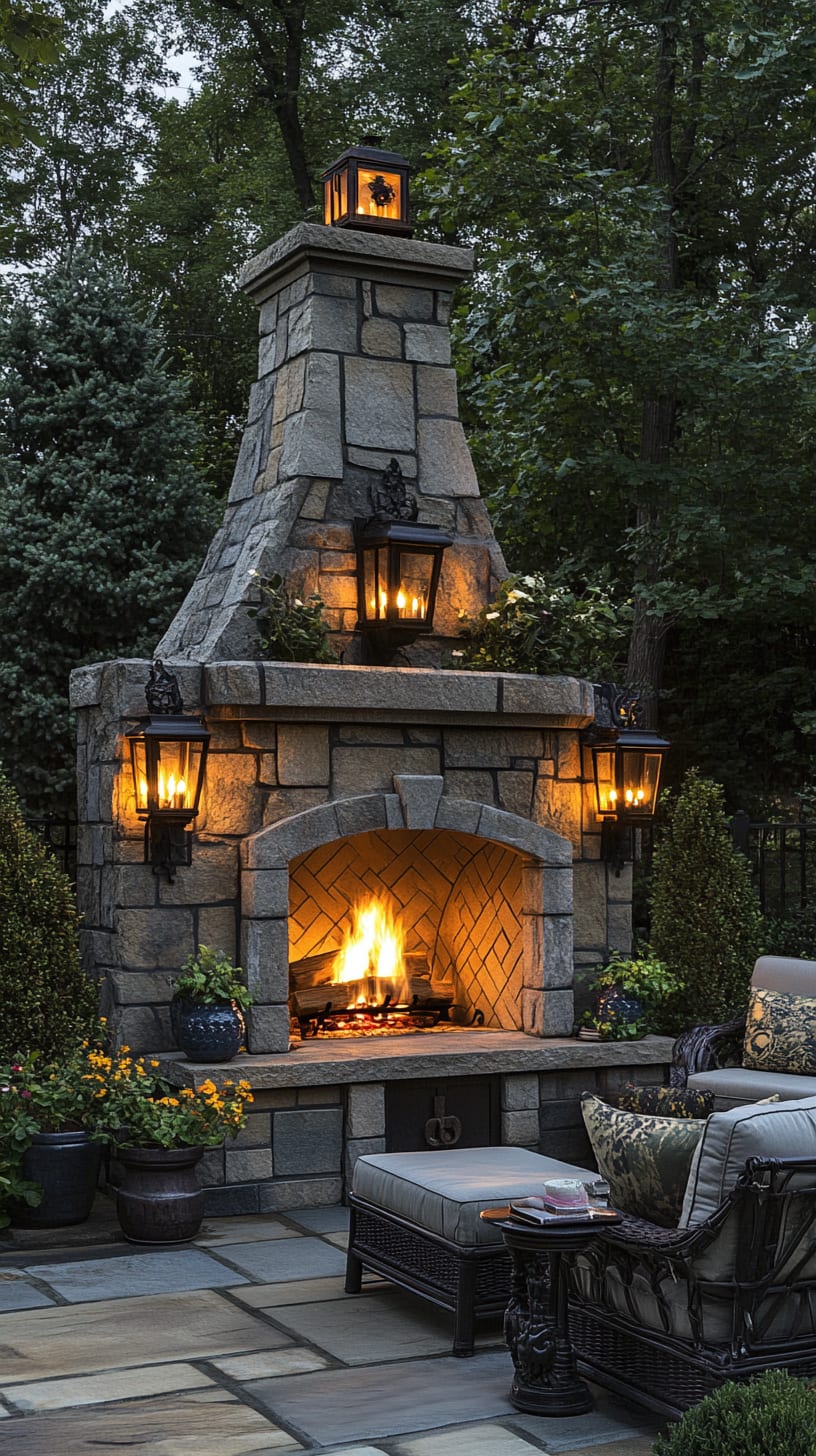 A stone outdoor fireplace with a herringbone pattern, surrounded by greenery and lanterns, creating a cozy atmosphere in an elegant garden during dusk.