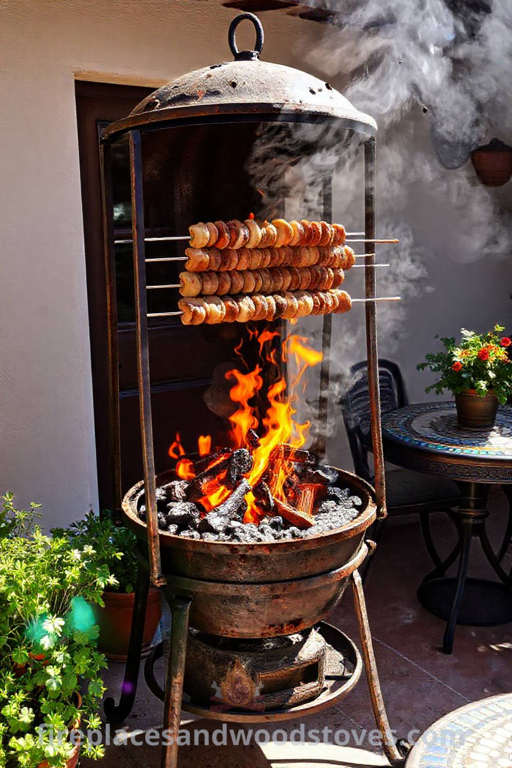Traditional Turkish mangal barbecue on a sun-drenched patio, featuring vibrant potted herbs and a mosaic-tiled table, creating a cozy atmosphere perfect for outdoor gatherings. Visit patioandhomefurniture.com for stylish ideas that will wow your guests.