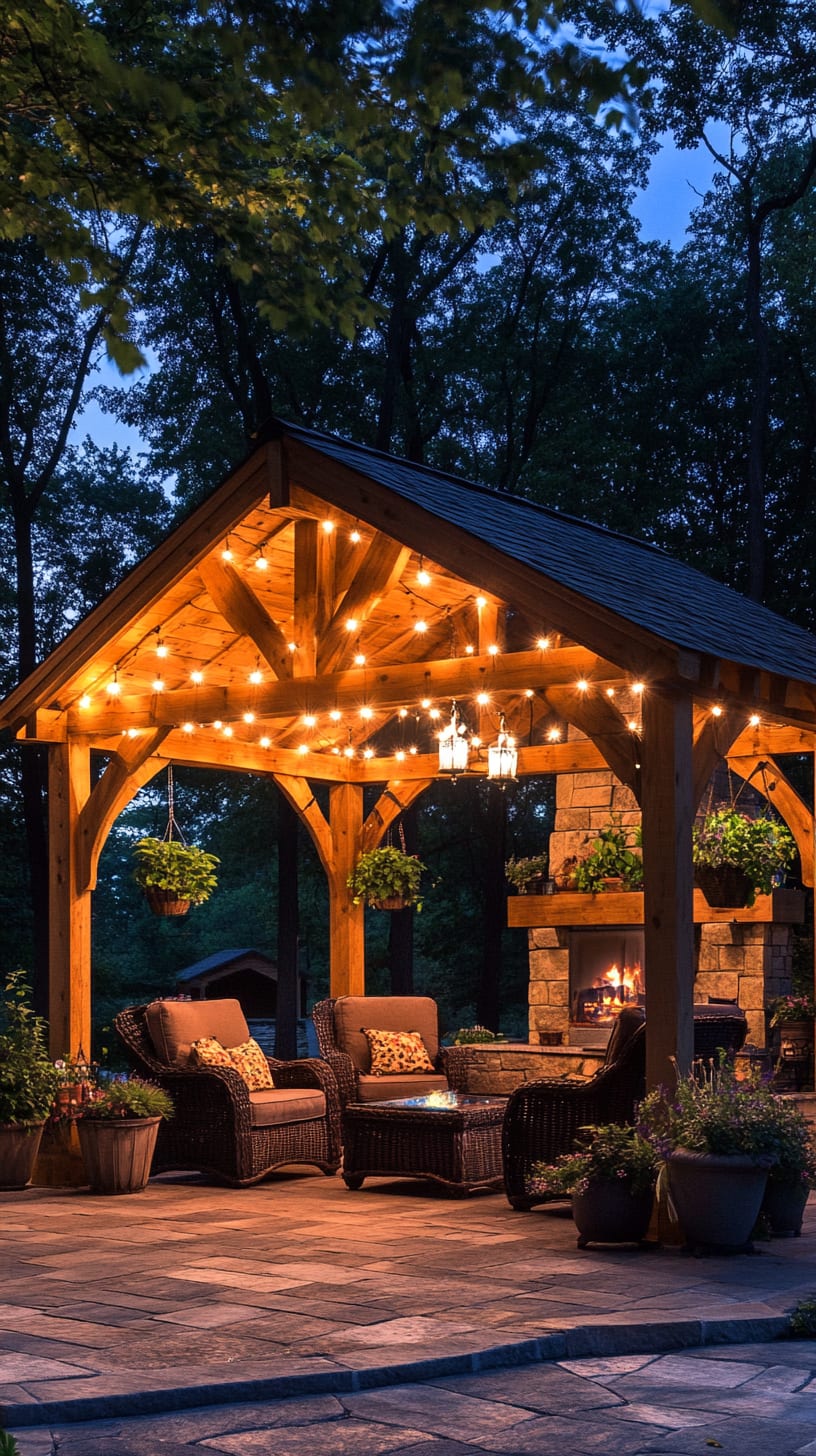 A cozy wooden pavilion with string lights, comfortable seating, and a fireplace in an outdoor living space surrounded by trees at night.