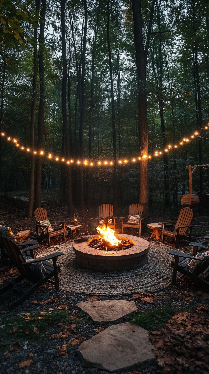 A cozy fire pit surrounded by Adirondack chairs in the woods at night, illuminated by string lights overhead.