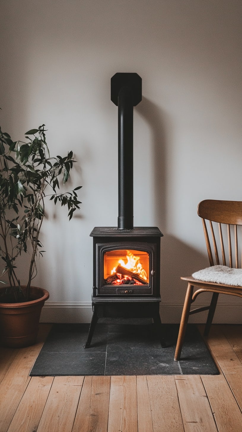 A minimalist wood stove in an empty room with a wooden chair and plants, featuring a warm fire inside and simple decor elements.