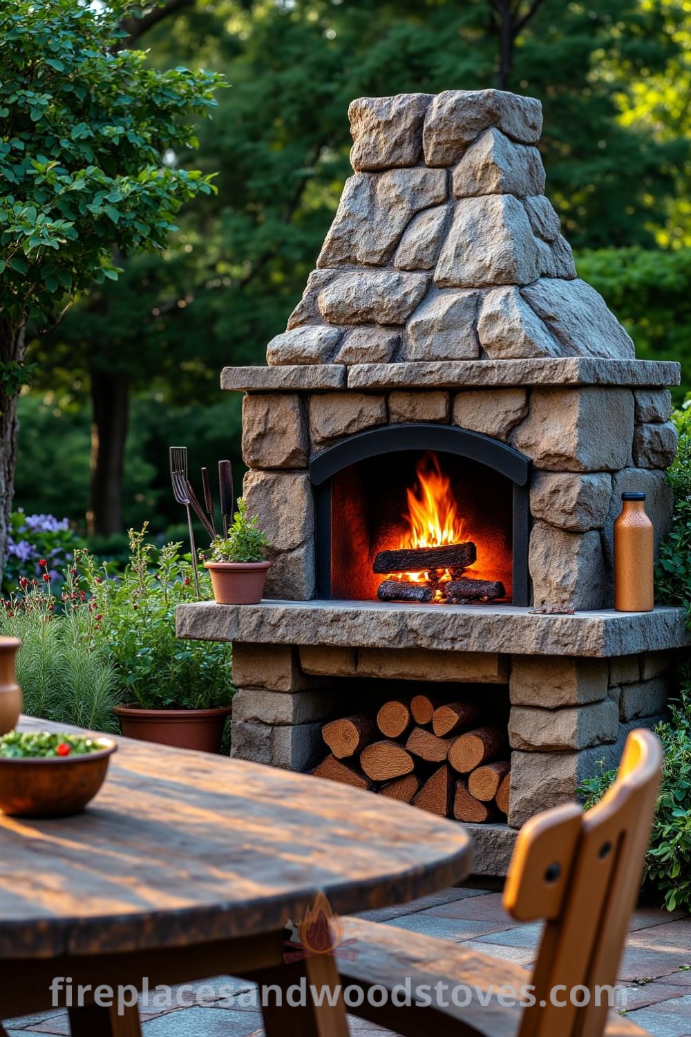 Rustic stone outdoor barbecue against lush greenery with flames crackling in the grill, a warm glow illuminating a nearby wooden picnic table, scattered herbs, and cooking tools, creating cozy ideas for gatherings at fireplacesandwoodstoves.com.