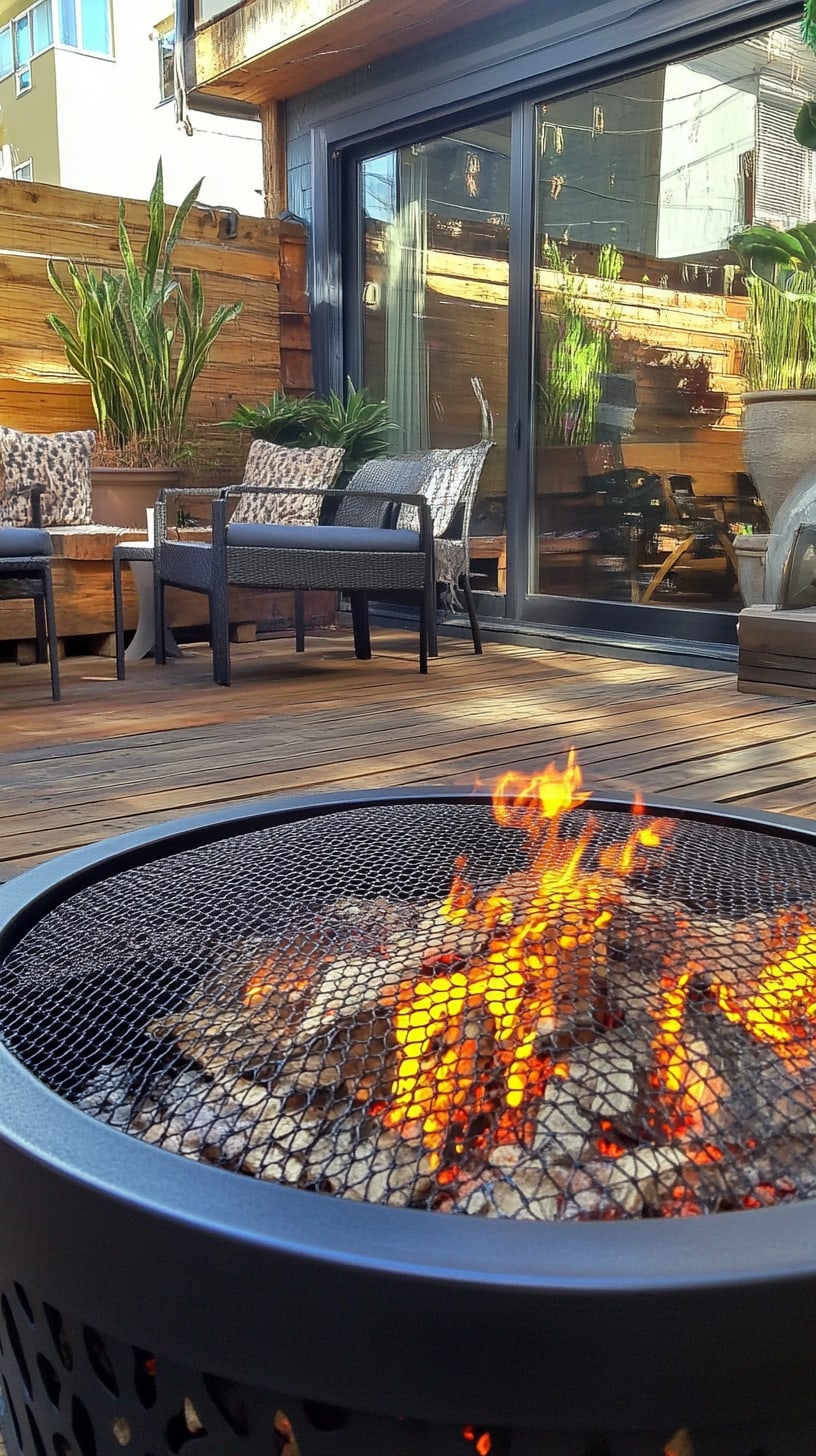 An outdoor patio featuring a wooden deck, a black metal fire pit with flames, cozy seating, and plants, with an urban street view through sliding glass doors.