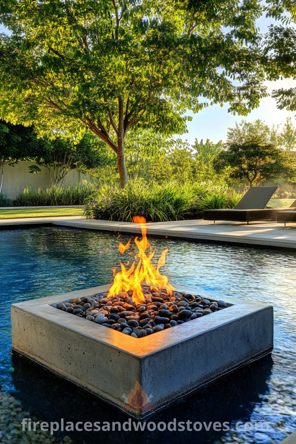 Cozy outdoor fire pit area featuring an inground pool and sunken fire pit, ideal for gatherings, on fireplacesandwoodstoves.com. Discover unique ideas for pool entertainment areas and cozy backyard designs.