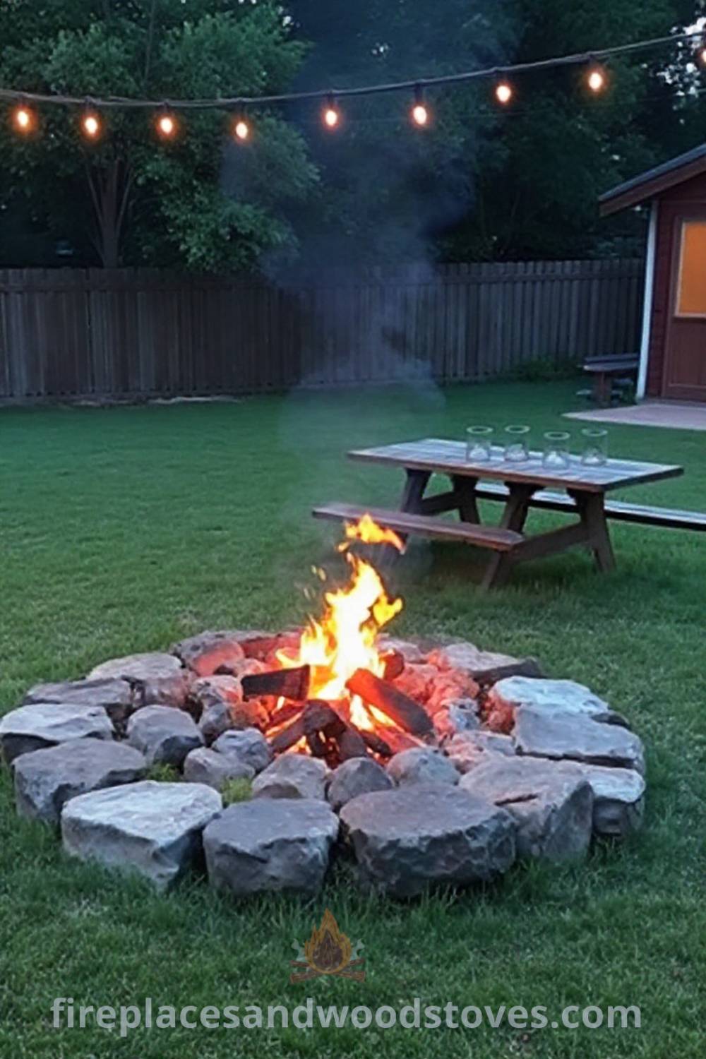 Stone fire pit in a grassy backyard with dancing flames, a weathered picnic table, and twinkling string lights creating a cozy summer evening atmosphere, ideal for gatherings. Visit patioandhomefurniture.com for stylish outdoor design inspiration.