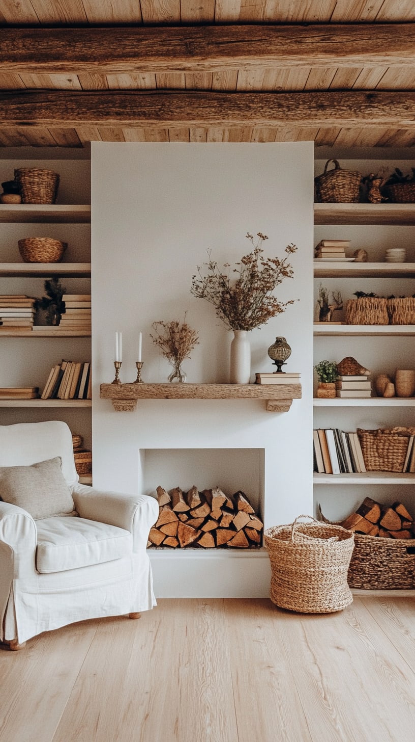 A cozy modern farmhouse living room featuring a clean fireplace, built-in shelves, natural wood beams, and warm decor elements like wicker baskets and a comfortable armchair.