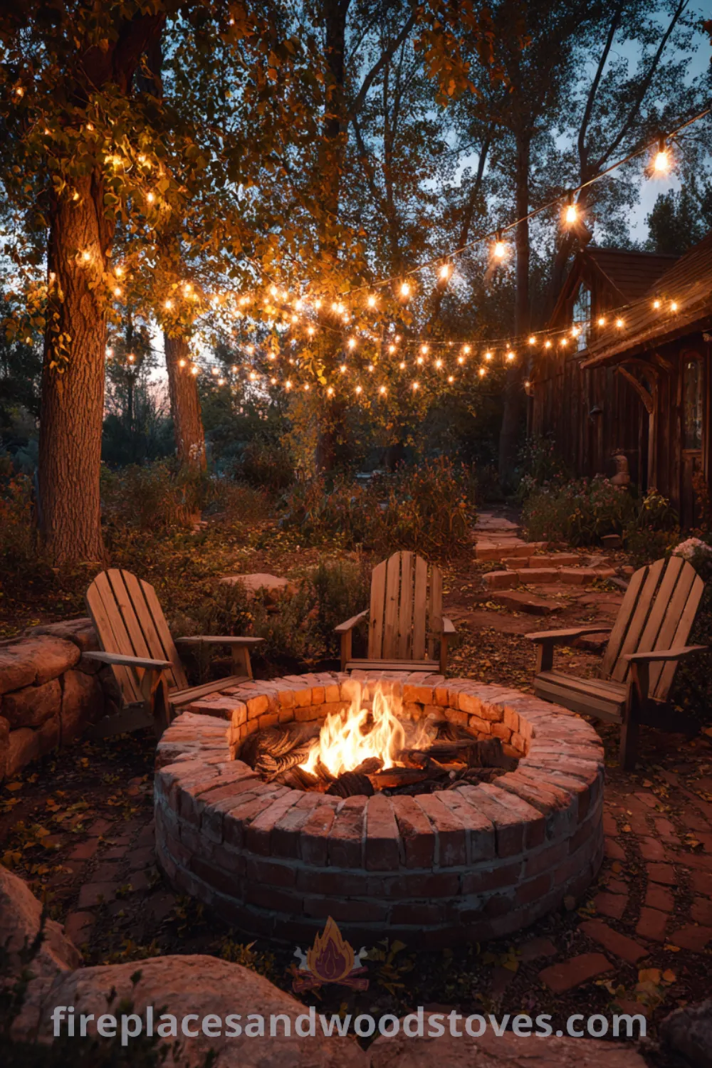 Rustic fire pit with Adirondack chairs and string lights, creating a cozy outdoor space, country backyard fire pit, and warm color palette atmosphere.