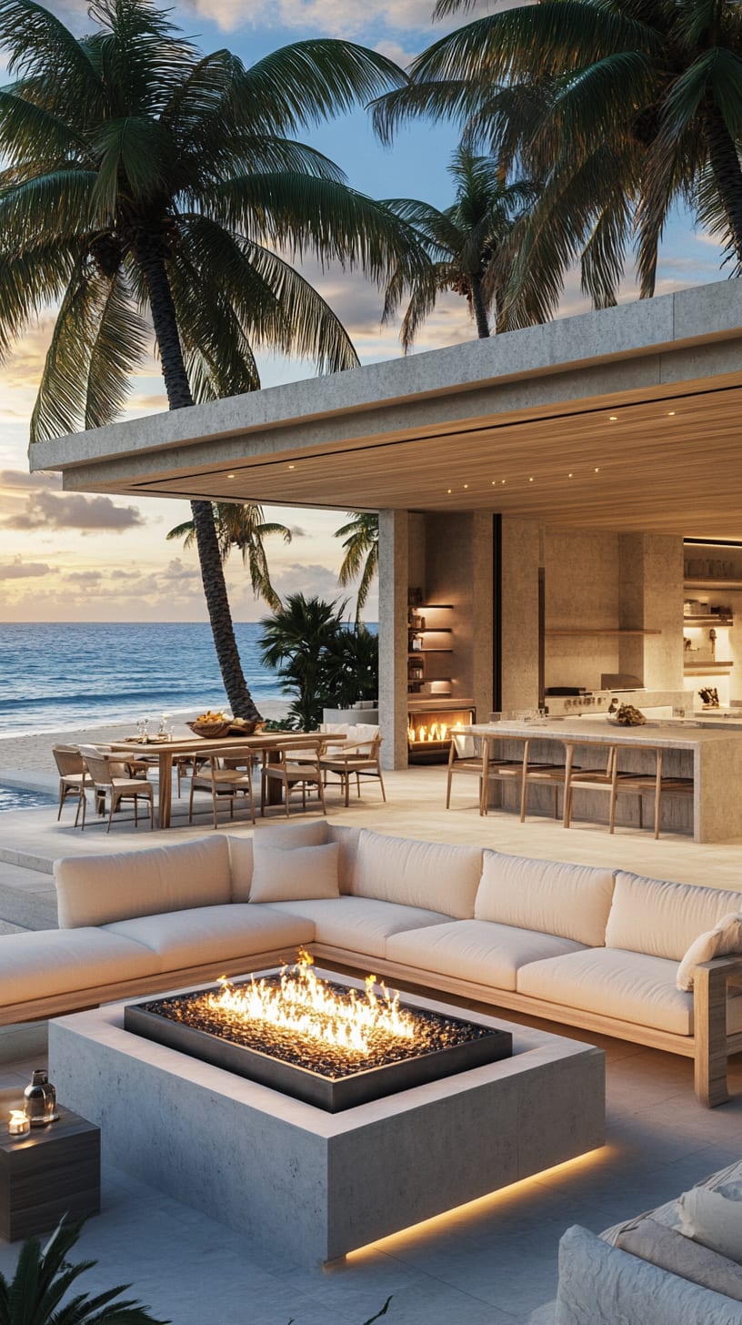 A luxurious beachside living area featuring an open-air kitchen, spacious seating, and a large concrete fire pit surrounded by palm trees and ocean views during sunset.