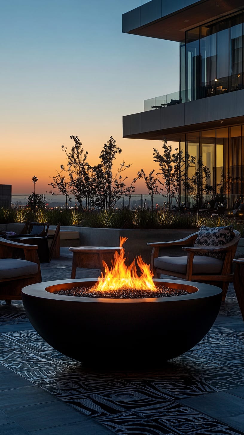 A modern outdoor fire pit surrounded by comfortable seating on a patio overlooking the San Francisco skyline at sunset.