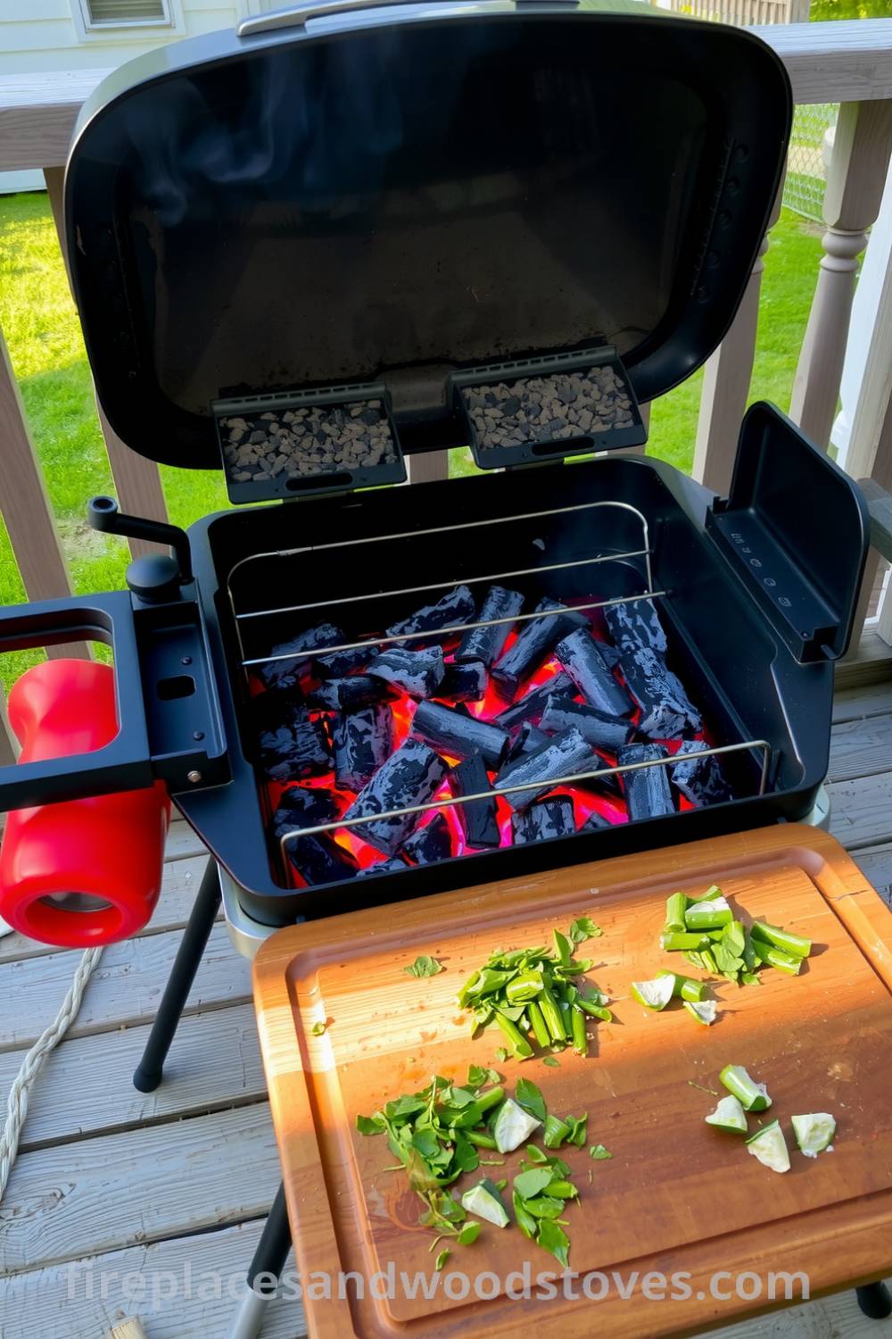A cozy barbecue grill on a wooden deck with glowing charcoal, surrounded by fresh herbs and vegetables on a rustic cutting board, creating an inviting atmosphere perfect for gatherings at fireplacesandwoodstoves.com.