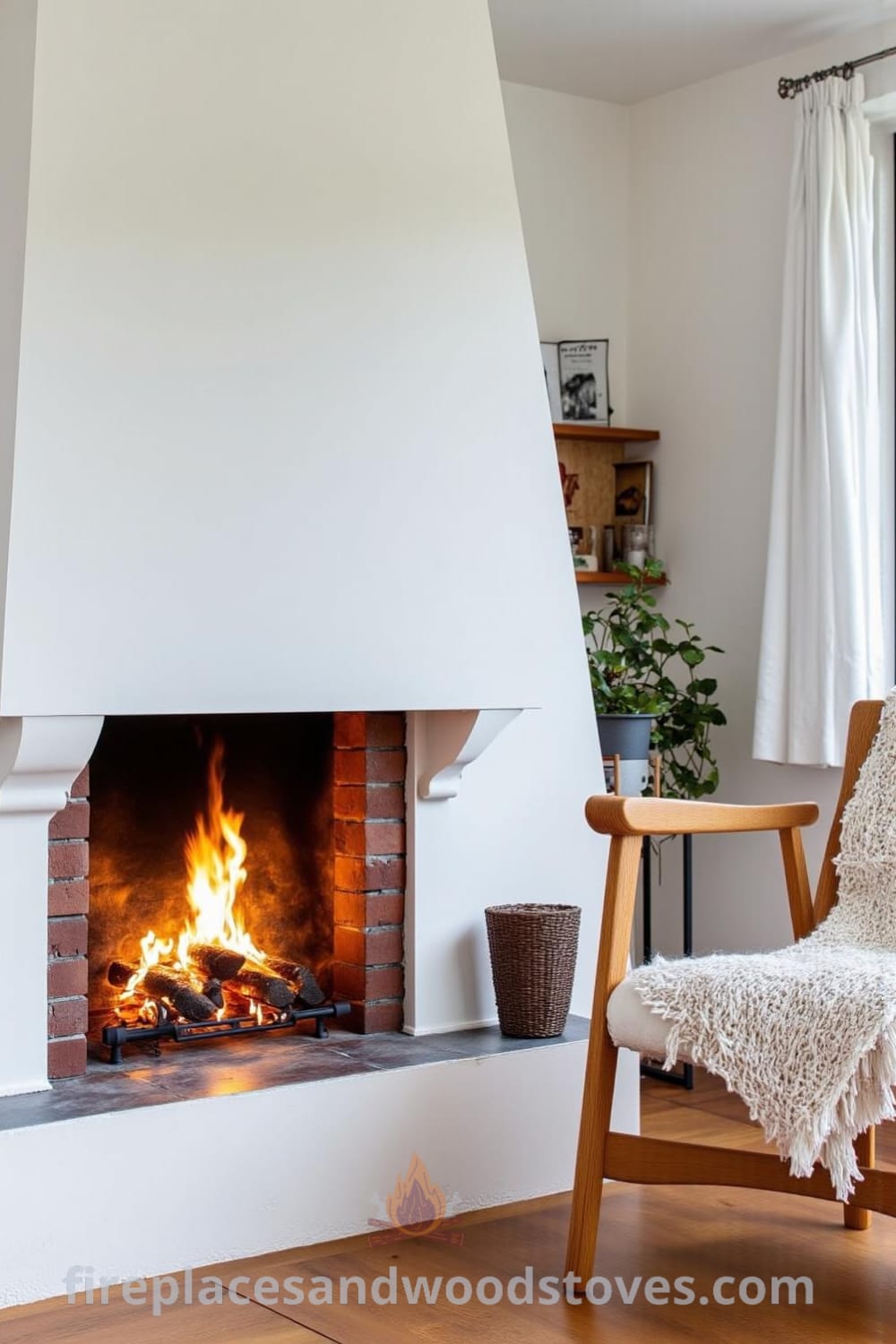 Cozy Scandinavian whitewashed fireplace in a sun-drenched living room, showcasing uneven bricks and flickering flames, surrounded by inviting decor ideas and inspiration from fireplacesandwoodstoves.com.
