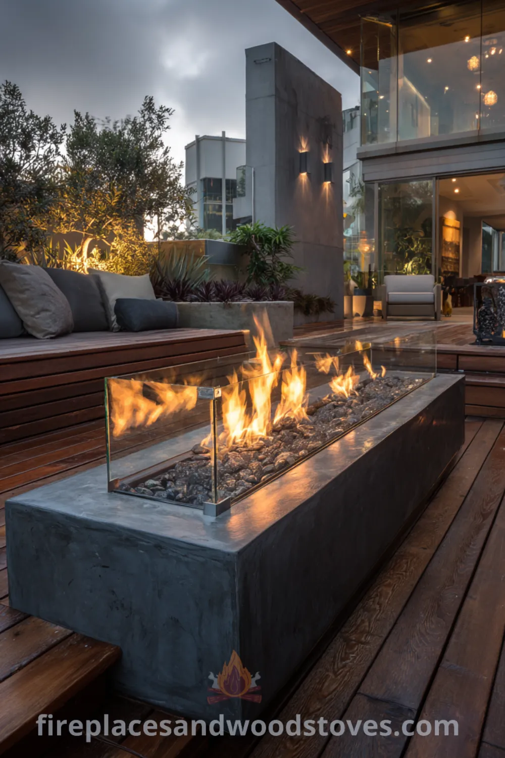 Modern fire pit on a sleek deck with integrated lighting, inviting outdoor space, and minimalist garden fire pit design.