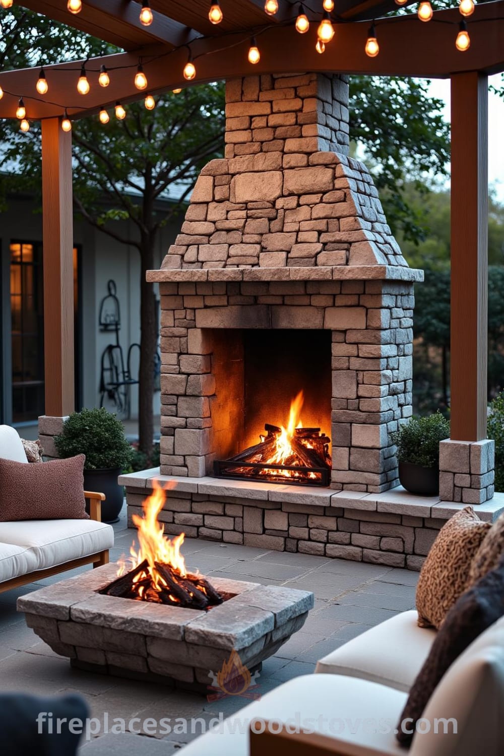 Sunken patio featuring a charming recessed fireplace surrounded by rough-hewn stone bricks, soft cushions, and twinkling lights overhead, creating a cozy atmosphere for gatherings and intimate conversations under the stars, with decor ideas that inspire warmth and comfort at fireplacesandwoodstoves.com.