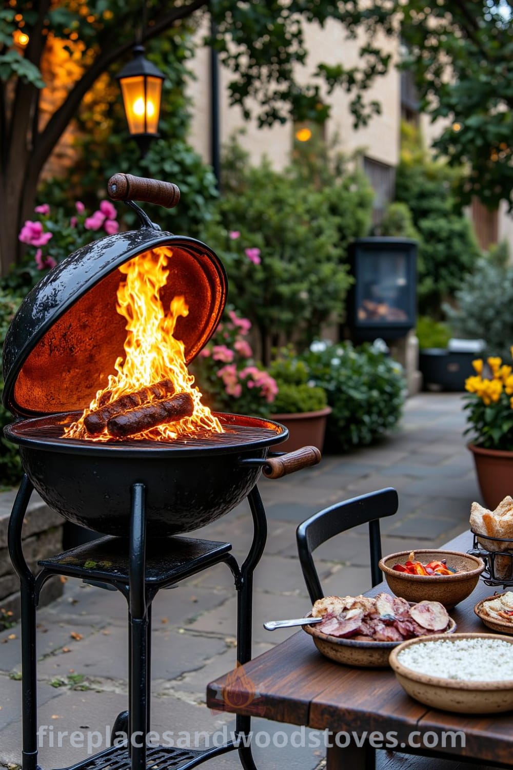 Victorian wrought iron outdoor barbecue on a stone patio, surrounded by flowers, with flickering flames creating a cozy ambiance, demonstrating unique ideas for your home from fireplacesandwoodstoves.com.