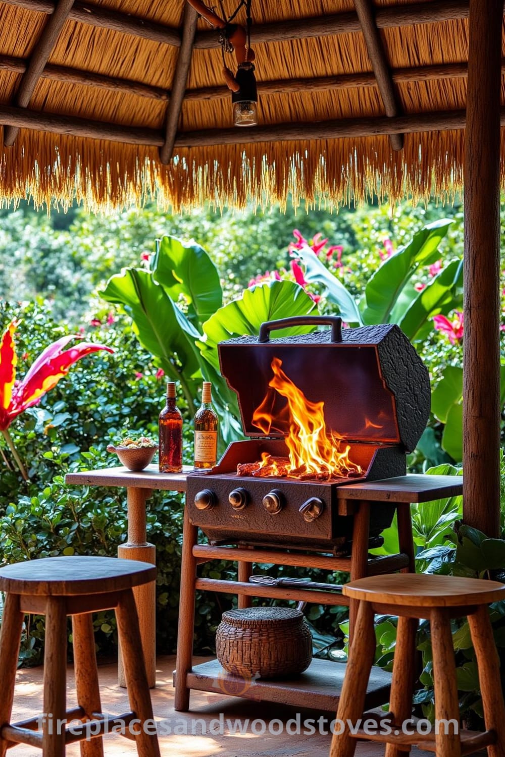Vibrant tropical tiki barbecue under a palm-thatched roof, featuring a wooden grill with flickering flames, rustic stools made from reclaimed wood, and surrounded by lush tropical plants, creating a cozy gathering space that inspires outdoor fun. Visit fireplacesandwoodstoves.com for unique decor ideas.