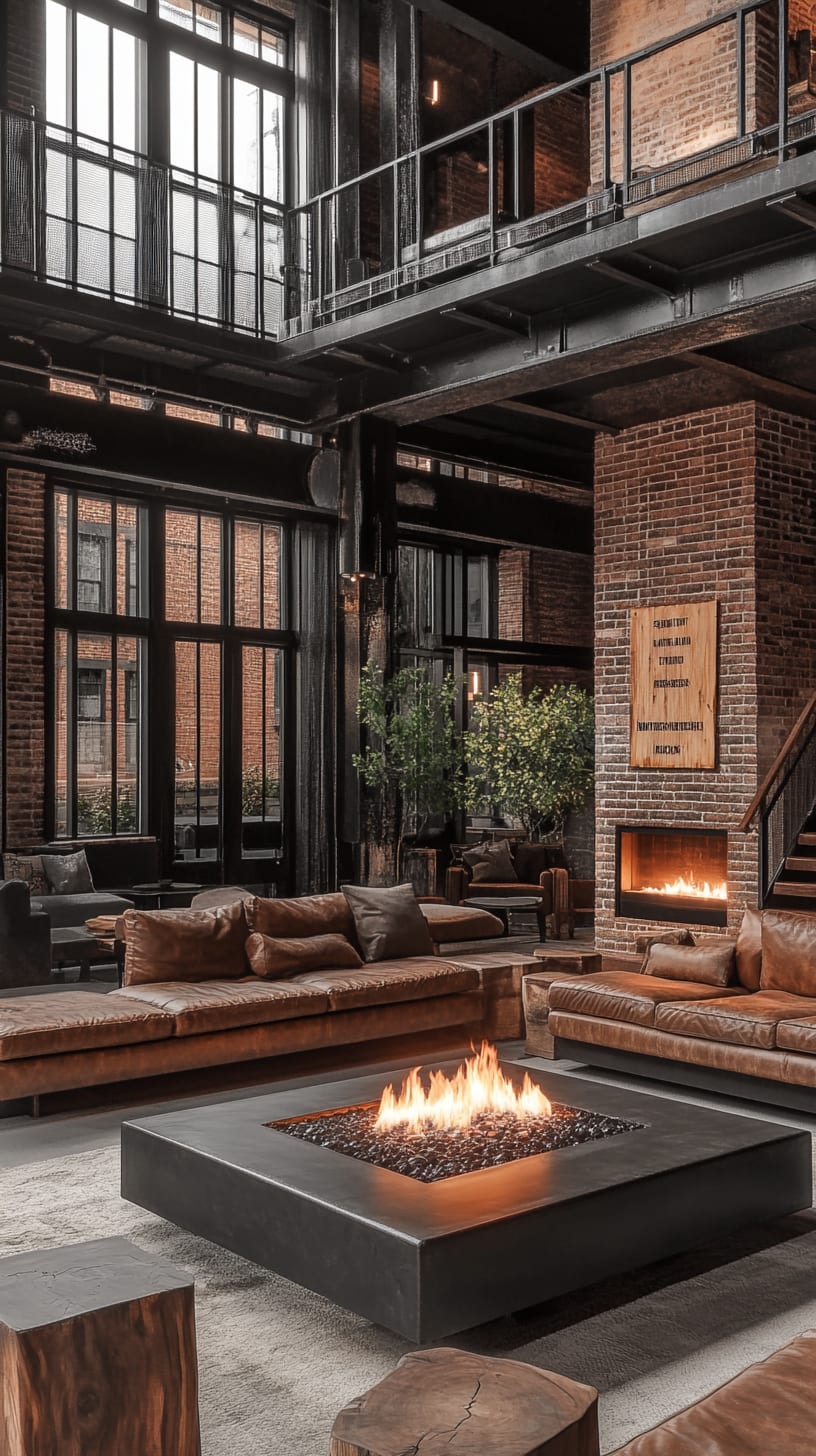 A cozy luxury living room featuring high ceilings, brick walls, and wooden accents, with a large black steel fire pit and leather sofas.