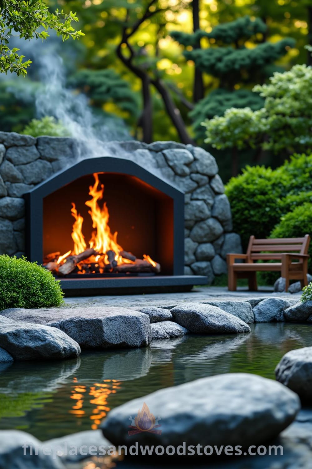 Japanese Zen outdoor fireplace nestled in a serene garden with lush greenery and arranged stones, showcasing warm flames reflecting on nearby water stones, creating a tranquil atmosphere ideal for relaxation. For more inspirations, visit fireplacesandwoodstoves.com.