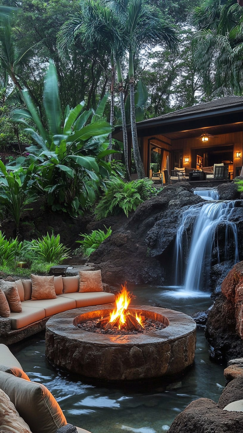 A luxurious outdoor living area featuring an oversized fire pit, surrounded by lush greenery and waterfalls, perfect for relaxing in Hawaii