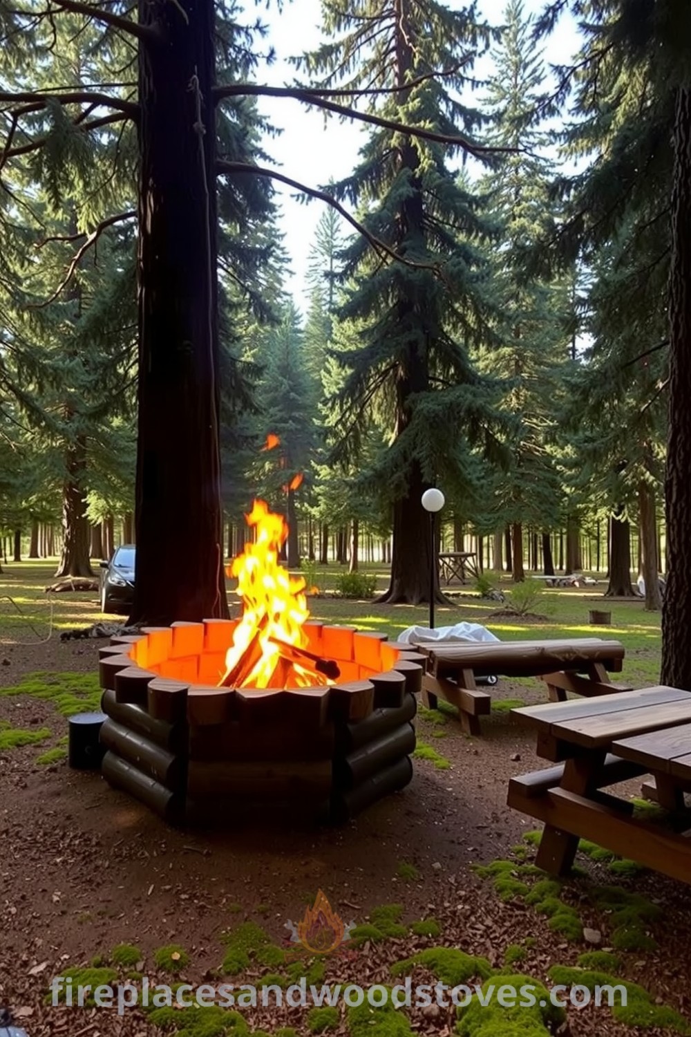 Log-built barbecue under evergreens in a cozy forest setting, with flames flickering in a stone-lined pit, illuminating a rustic picnic table made from rough-hewn timber, capturing the essence of inviting outdoor decor ideas and cozy inspirations. For more unique ideas, visit fireplacesandwoodstoves.com.