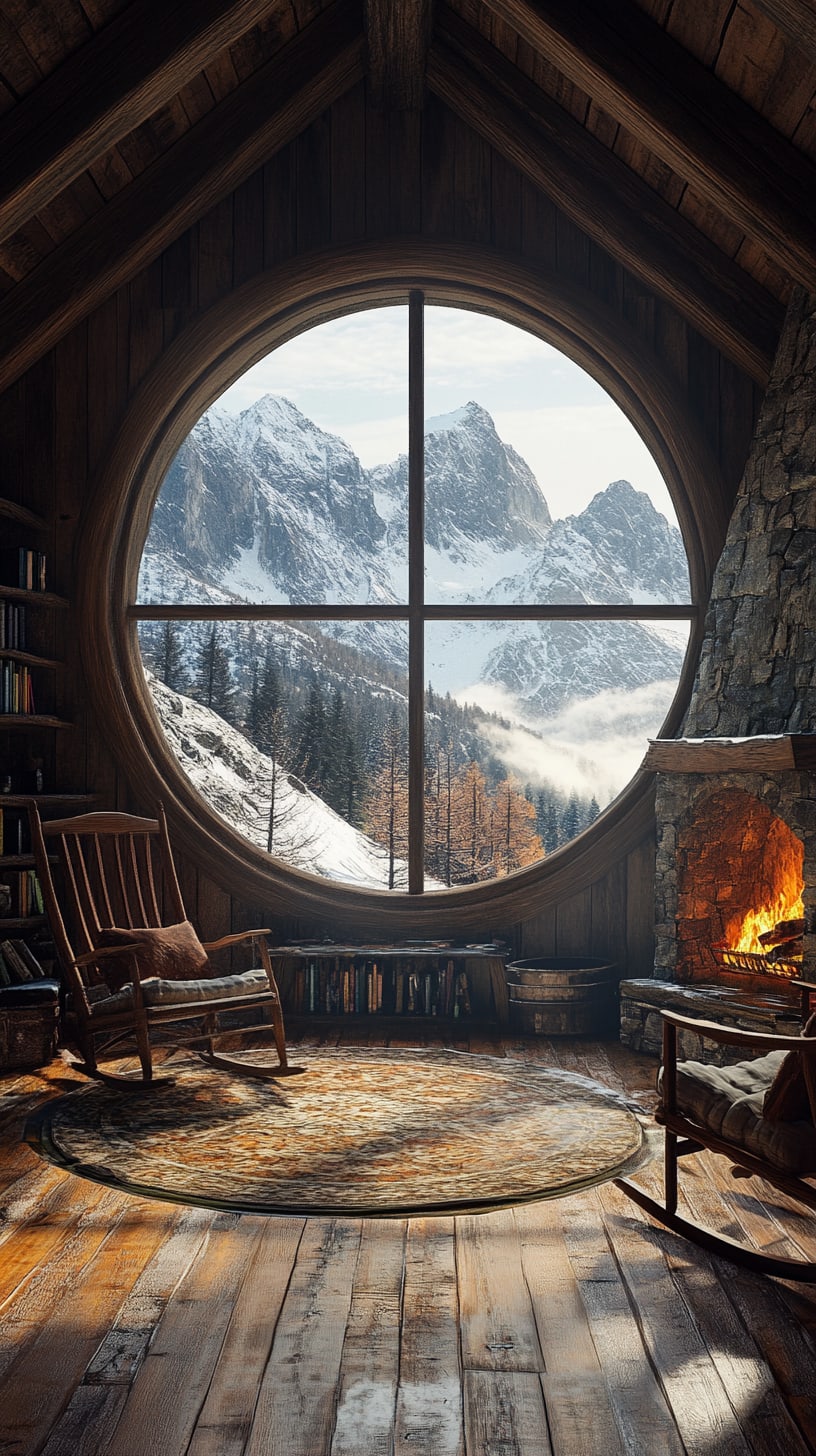A cozy cabin interior with a round window showcasing snow-covered mountains, featuring a fireplace, chairs, and bookshelves, creating a warm and inviting atmosphere.