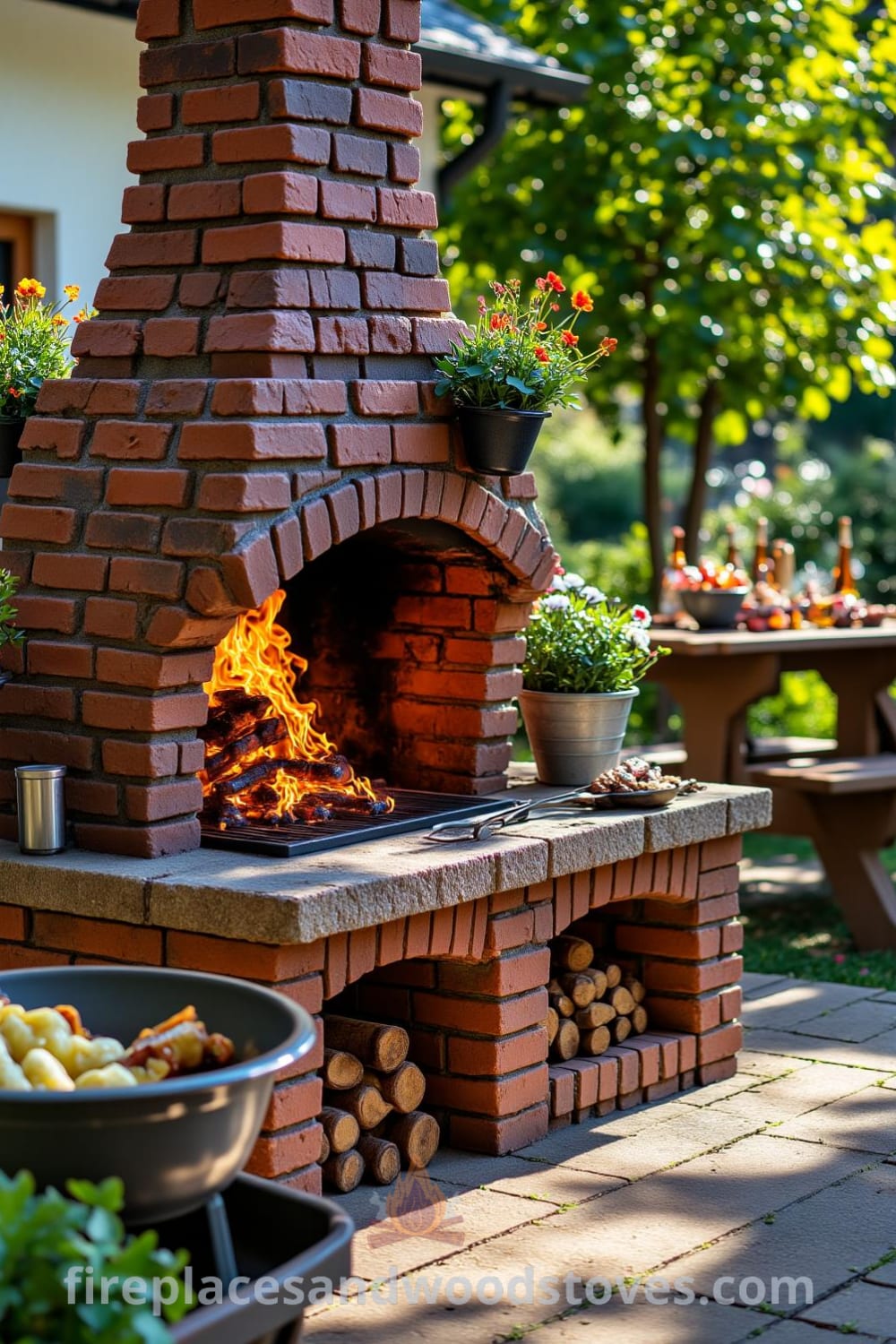 Traditional brick outdoor barbecue set in a sun-drenched garden featuring inviting flames, rustic red bricks, charred grilling tools, and vibrant flower beds, perfect for cozy outdoor gatherings. Visit fireplacesandwoodstoves.com for unique design ideas and inspirations for your home.