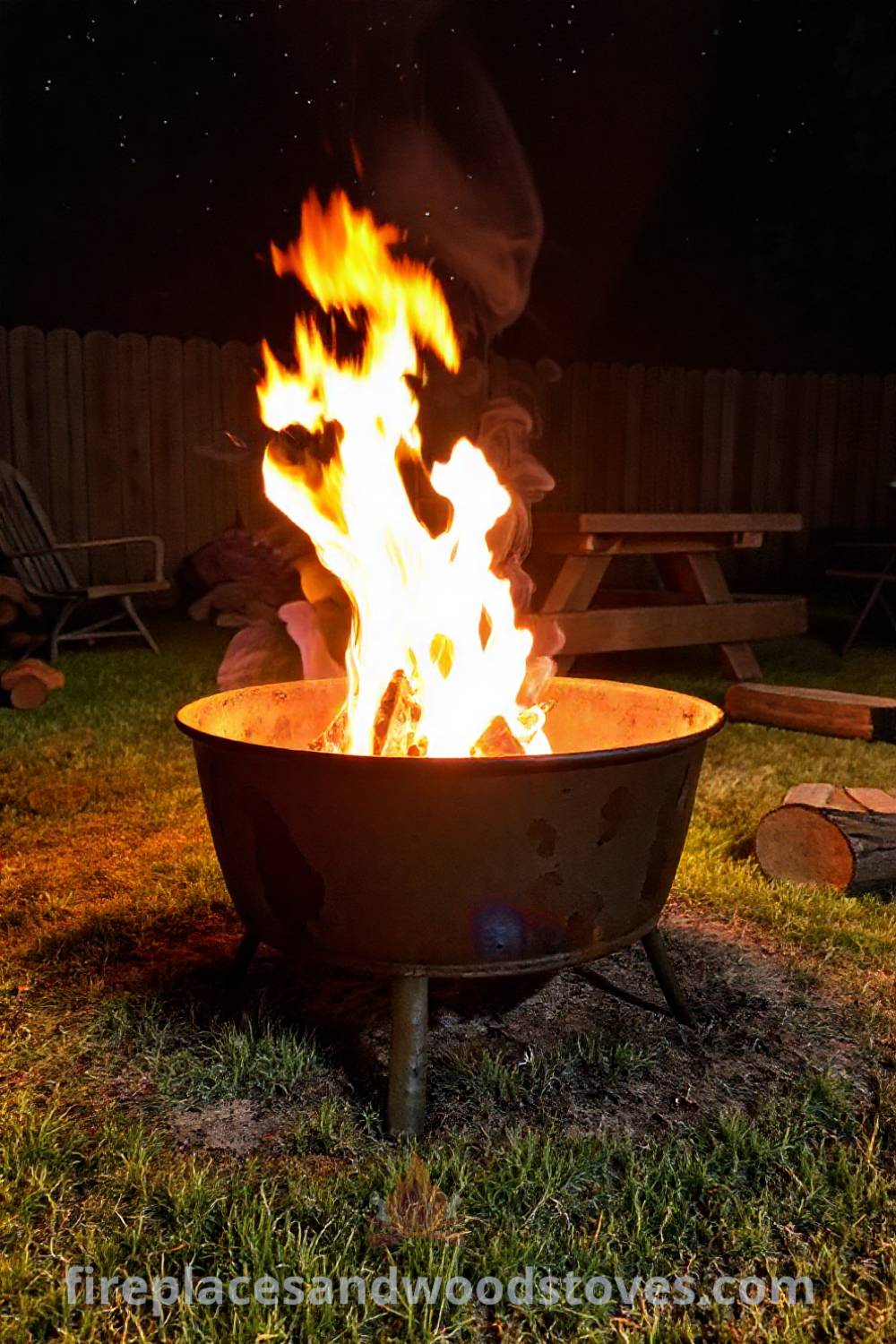 Charming rustic metal fire pit glowing in a cozy backyard setting, surrounded by mismatched chairs and logs, inviting gatherings under a starlit sky. Visit patioandhomefurniture.com for stylish outdoor design ideas that will wow your guests.