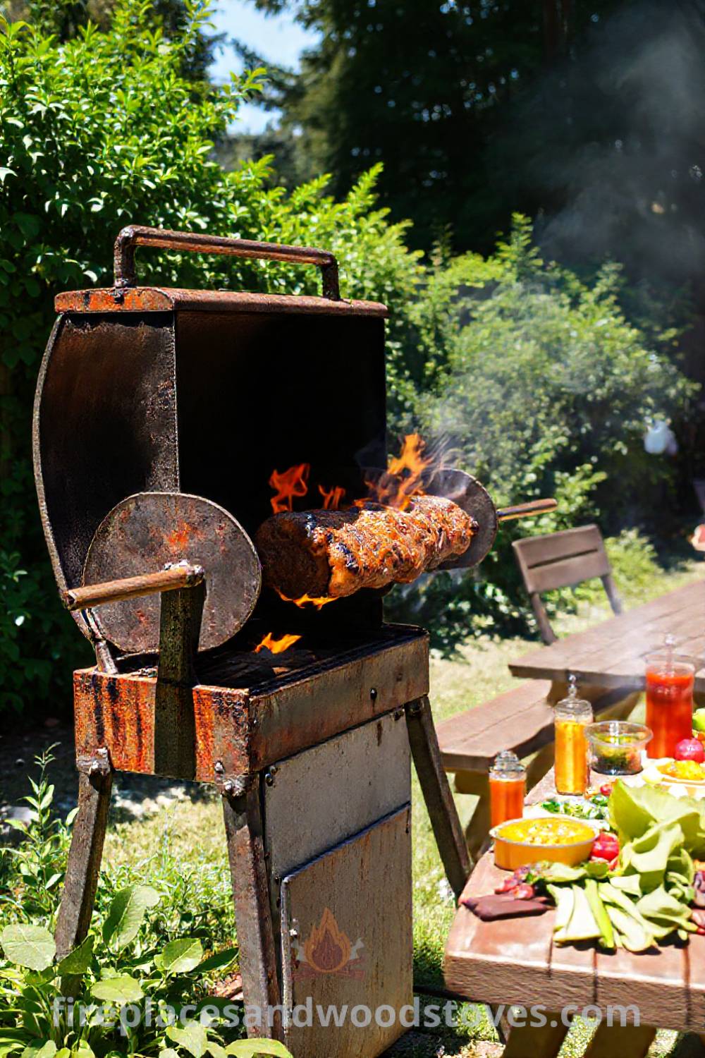 A sun-dappled backyard featuring a rotisserie grill with vibrant condiments and fresh vegetables, creating a cozy and inviting atmosphere for gatherings with friends and family, inspiring incredible outdoor ideas at patioandhomefurniture.com.