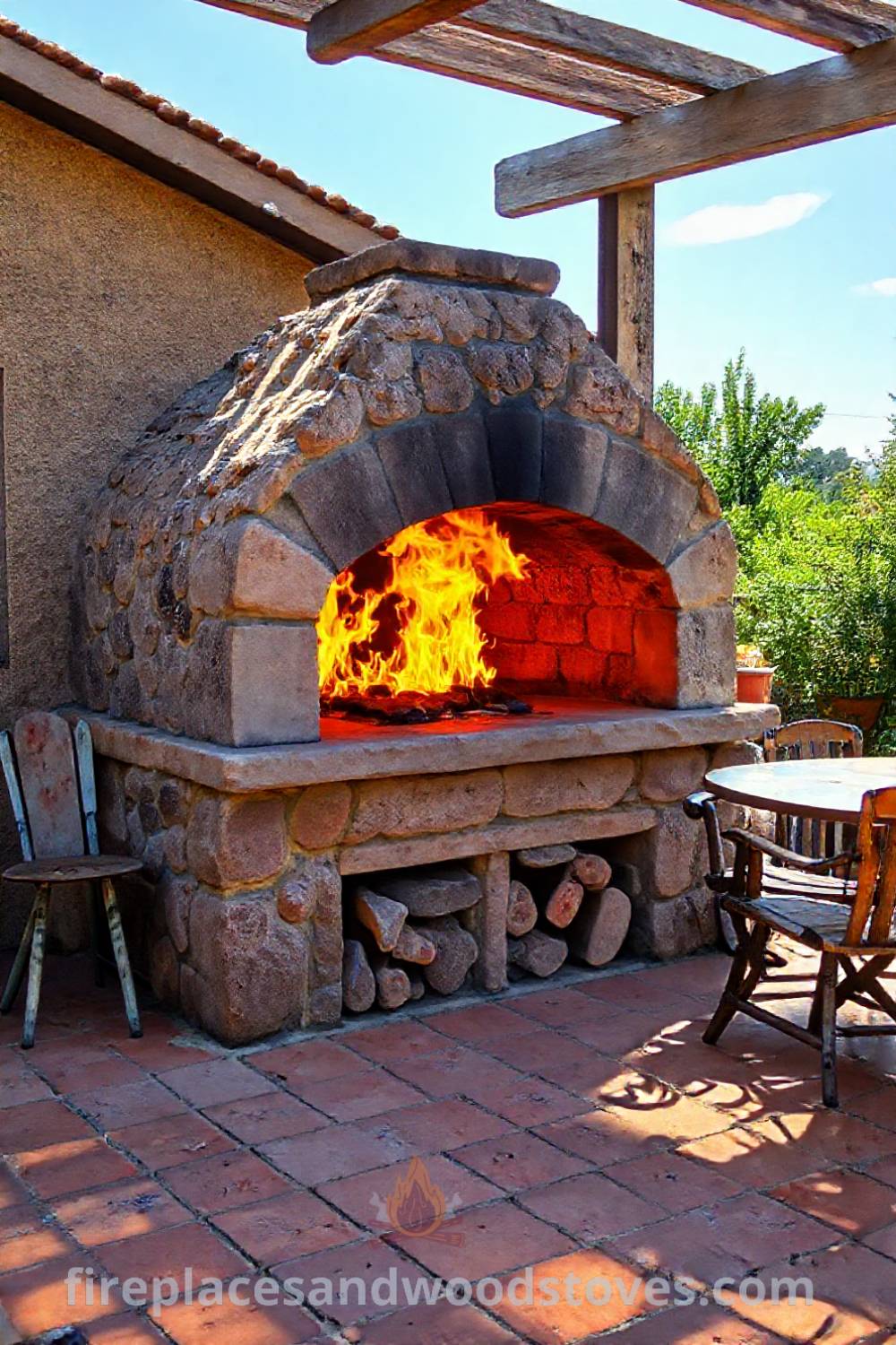 Sturdy stone BBQ oven on a sun-drenched patio, surrounded by mismatched chairs and fresh herbs, creating a cozy and inviting outdoor space perfect for summer gatherings. Visit patioandhomefurniture.com for stylish outdoor design inspiration.