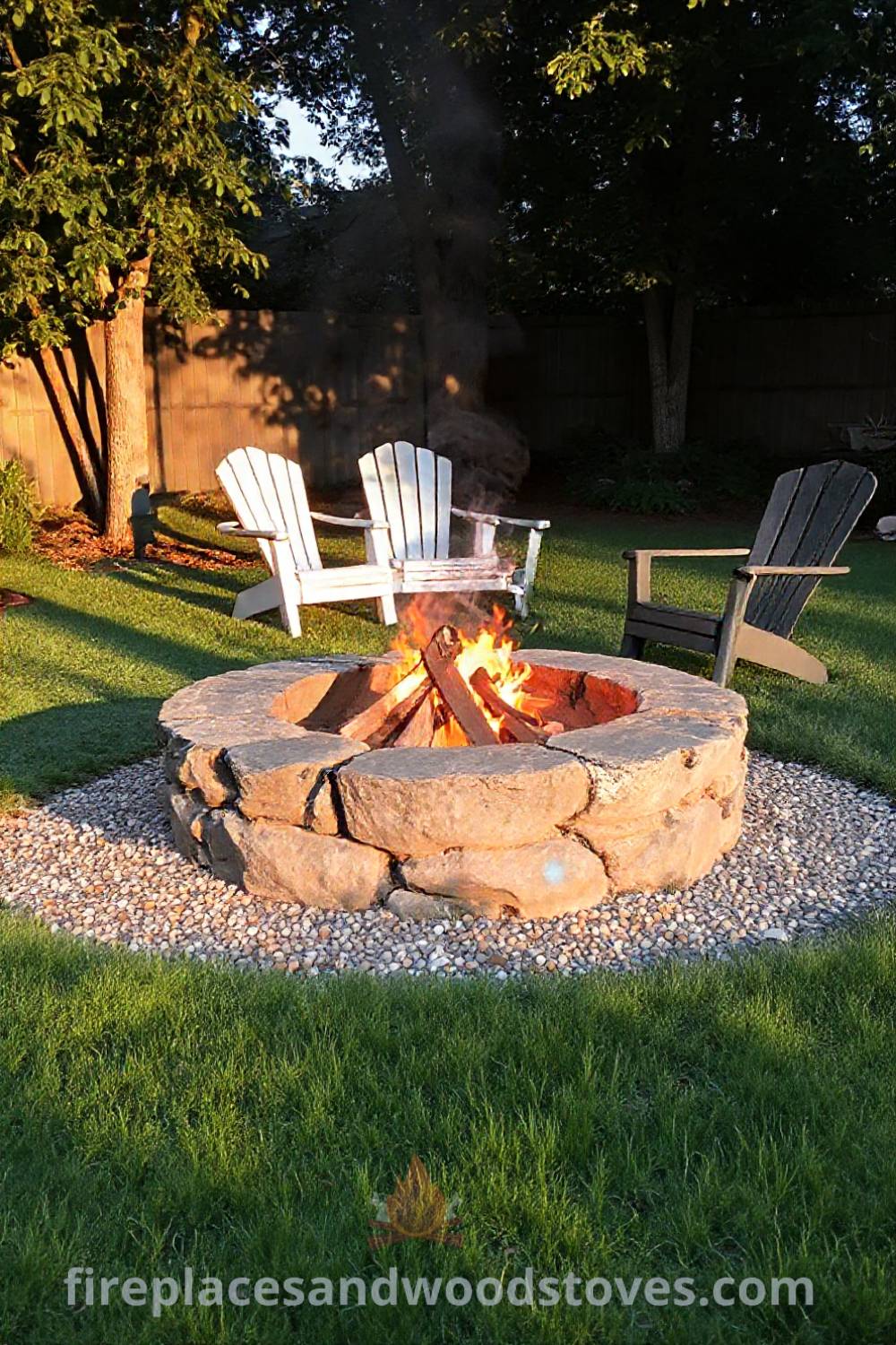 A cozy backyard featuring a stone fire pit surrounded by mismatched garden chairs, creating an inviting atmosphere perfect for gatherings. Experience the warmth of the fire and the delightful aroma of burning wood. Visit patioandhomefurniture.com for stylish designs transforming your backyard into the coziest home.