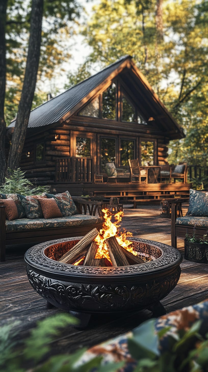 A rustic cabin in the woods with an ornate fire pit on the deck, surrounded by comfortable outdoor seating and lush greenery, creating a cozy atmosphere.