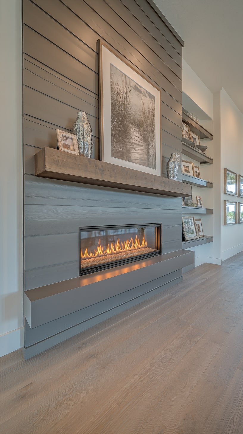 A modern fireplace with built-in shelves, light wood flooring, and a warm glow, set against a shiplap wall, creating a cozy atmosphere in a stylish living room.