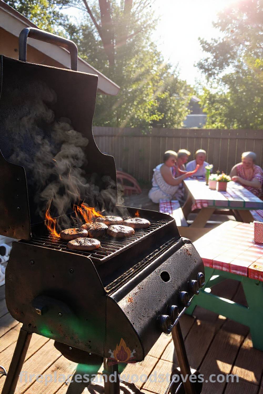 Charcoal grill on a wooden deck with sizzling burgers and veggies, surrounded by colorful picnic tables in a sunny backyard, creating a cozy gathering atmosphere. Visit patioandhomefurniture.com for stylish outdoor design ideas that will wow your guests.