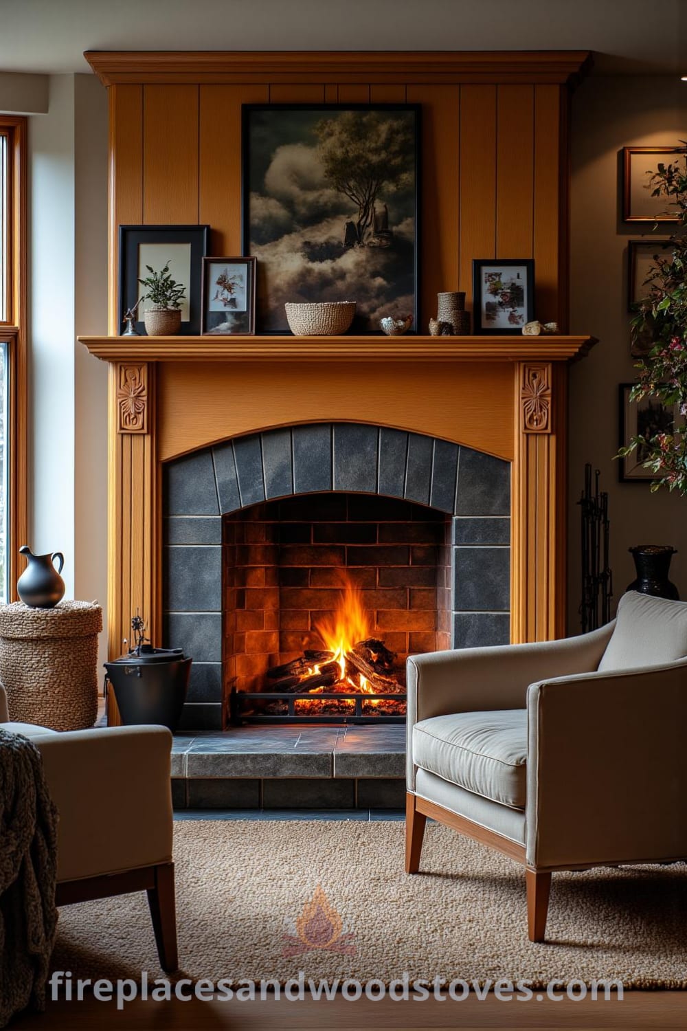 Cozy wooden fireplace in a warm living room, featuring flickering flames, decorative knickknacks, framed photographs on the mantle, and a textured woven rug, creating a charming and inviting atmosphere for relaxation, found at fireplacesandwoodstoves.com.