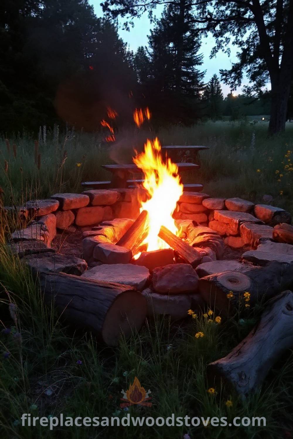 Backyard fire pit nestled among tall grasses and wildflowers, featuring warm flames illuminating a picnic table, creating a cozy outdoor gathering space perfect for family and friends. Discover incredible ideas for transforming your backyard at patioandhomefurniture.com.