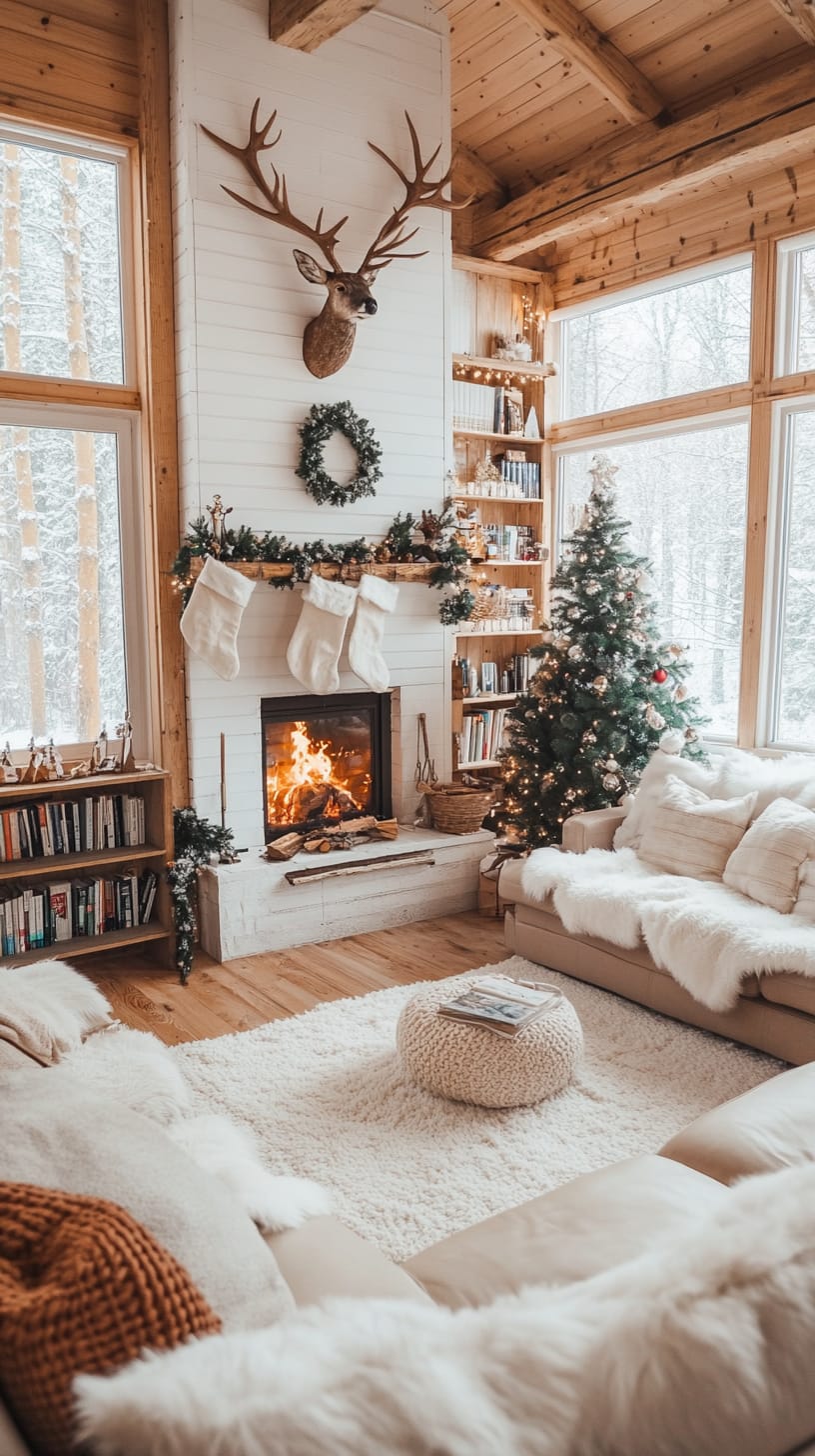 A cozy cabin living room decorated for Christmas with a fireplace, deer head, bookshelves, fluffy rug, and a decorated Christmas tree.