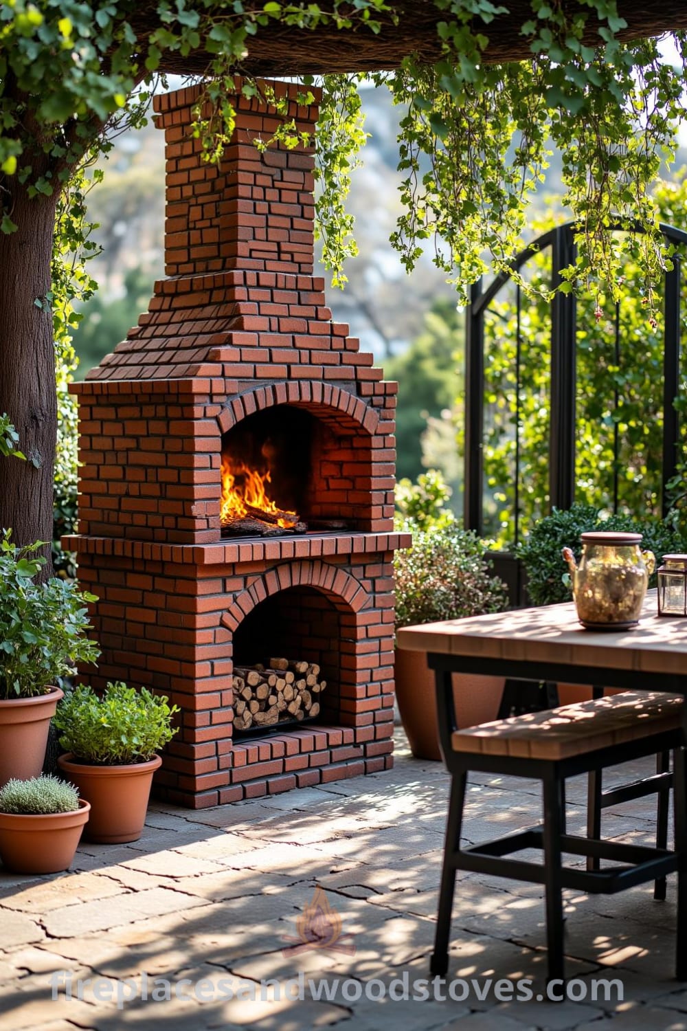 Traditional brick outdoor barbecue on a sunlit patio with weathered red bricks, crackling wood, potted herbs, and a wooden table, creating a cozy atmosphere for outdoor dining and entertaining. Visit fireplacesandwoodstoves.com for unique decor ideas and inspirations for your home.