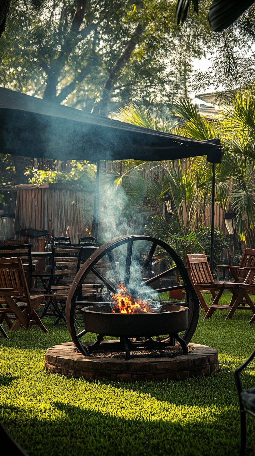 A cozy outdoor fire pit surrounded by wooden chairs and lush greenery, featuring smoke rising from the flames with a canopy overhead.